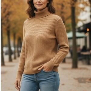 WinterSilks Womens Ribbed Cable Knit Turtleneck Sweater Top Long Sleeve Brown M